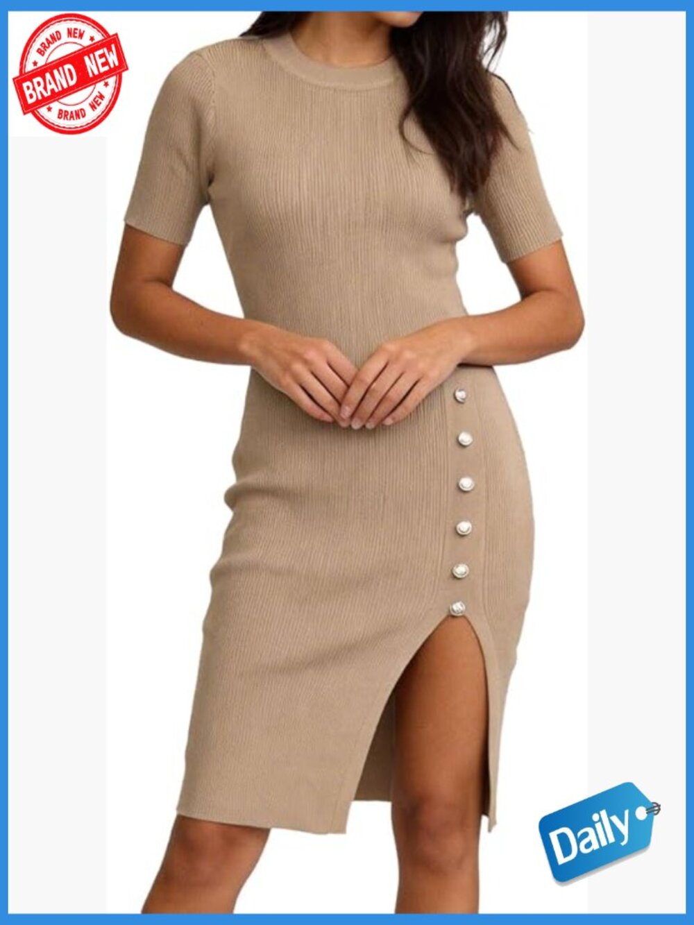Ribbed Knit Button Front Bodycon Midi Dress with Side Slit